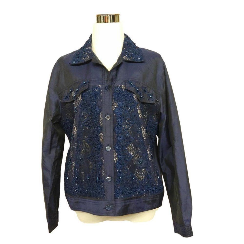 Boho Holiday Party Evening Jean Styling Jacket Holiday Button Up Navy Blue Large